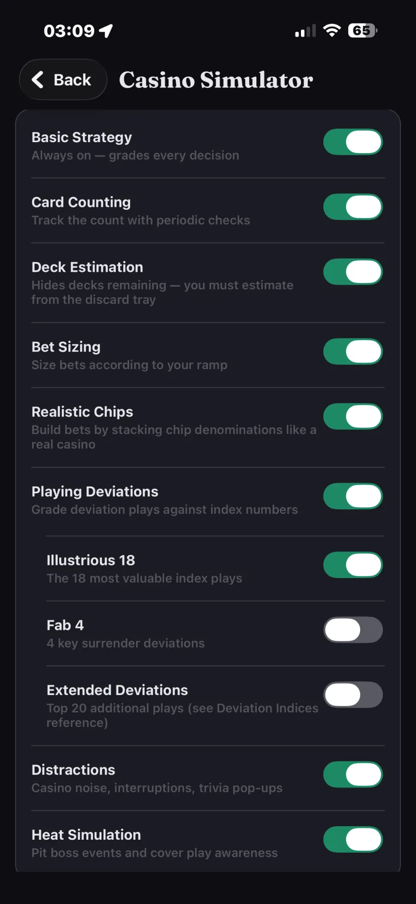 The Count Dojo casino simulator's rule configuration screen